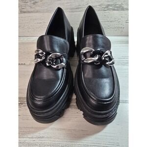 JF Drew Womens Black Chunky Platform Lug Sole Chain Loafers Size 8 US